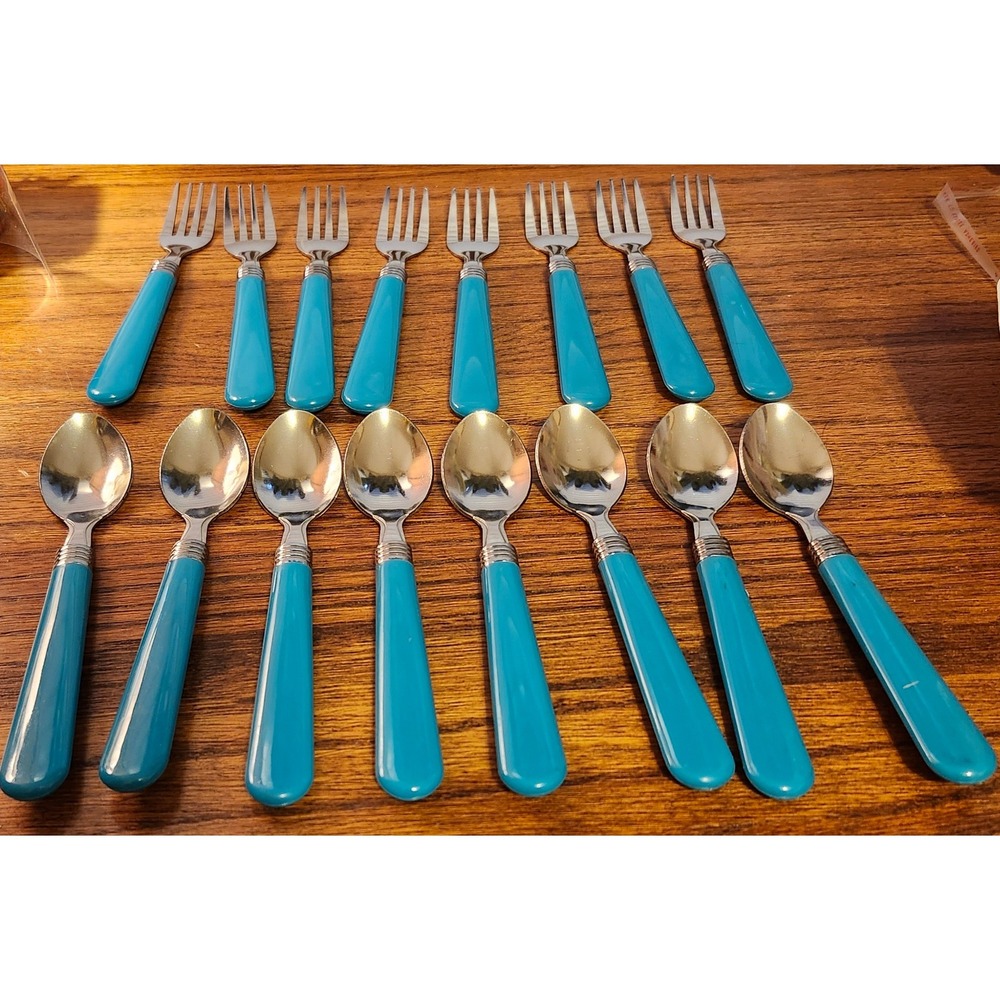 MCM Turquoise Blue 16 Piece Flatware Set Stainless Steel 8 Forks 8 Spoons Teal